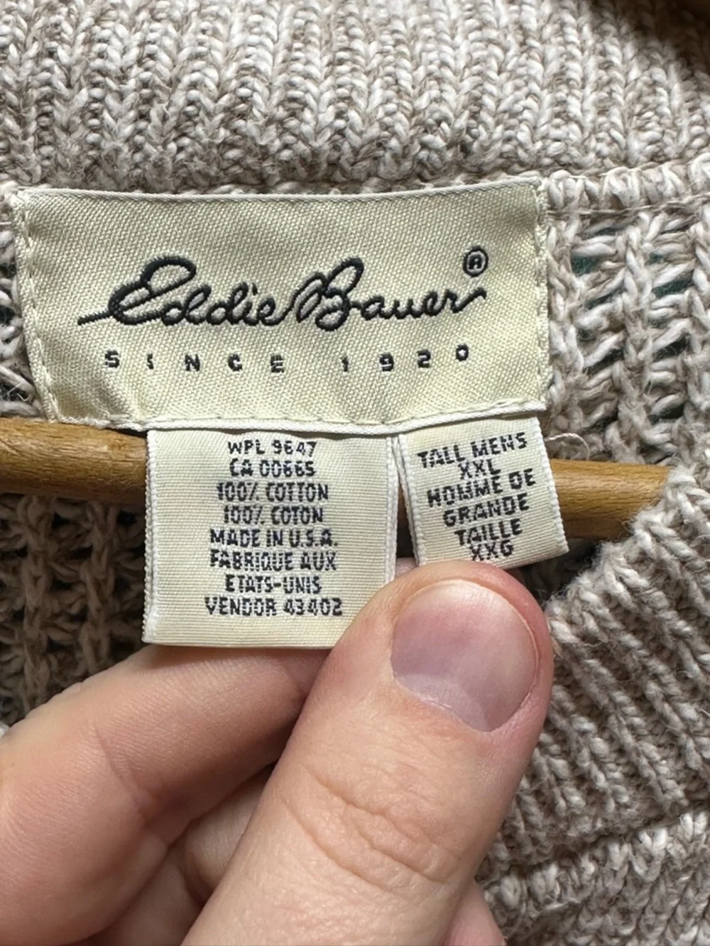 Vintage USA Made Eddie Bauer Beige Knit Henley Sweater Size XXL Tall - Picture 3 of 7